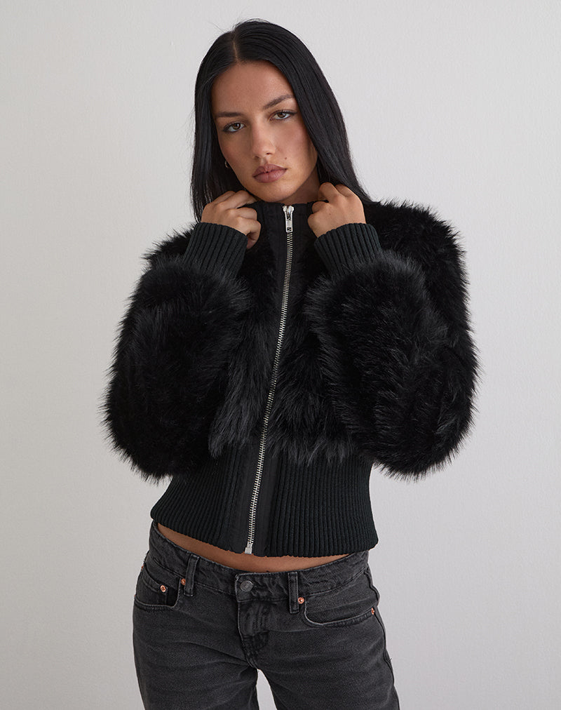 Black Shaggy Faux Fur Jacket | Homari – motelrocks.com