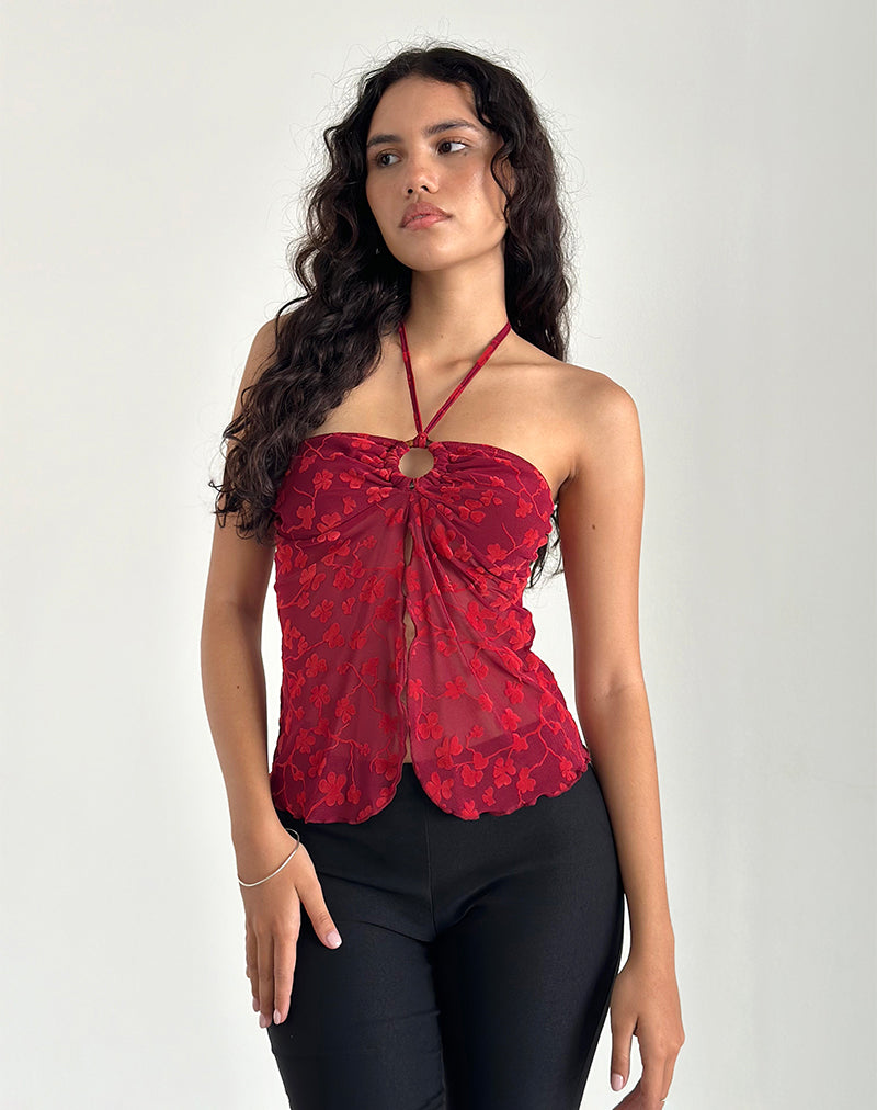 トップス DARLING YOU'RE BAD FLOWER HALTER TOP Red Grunge Flower Flock Halterneck Top | Janar – motelrocks.com