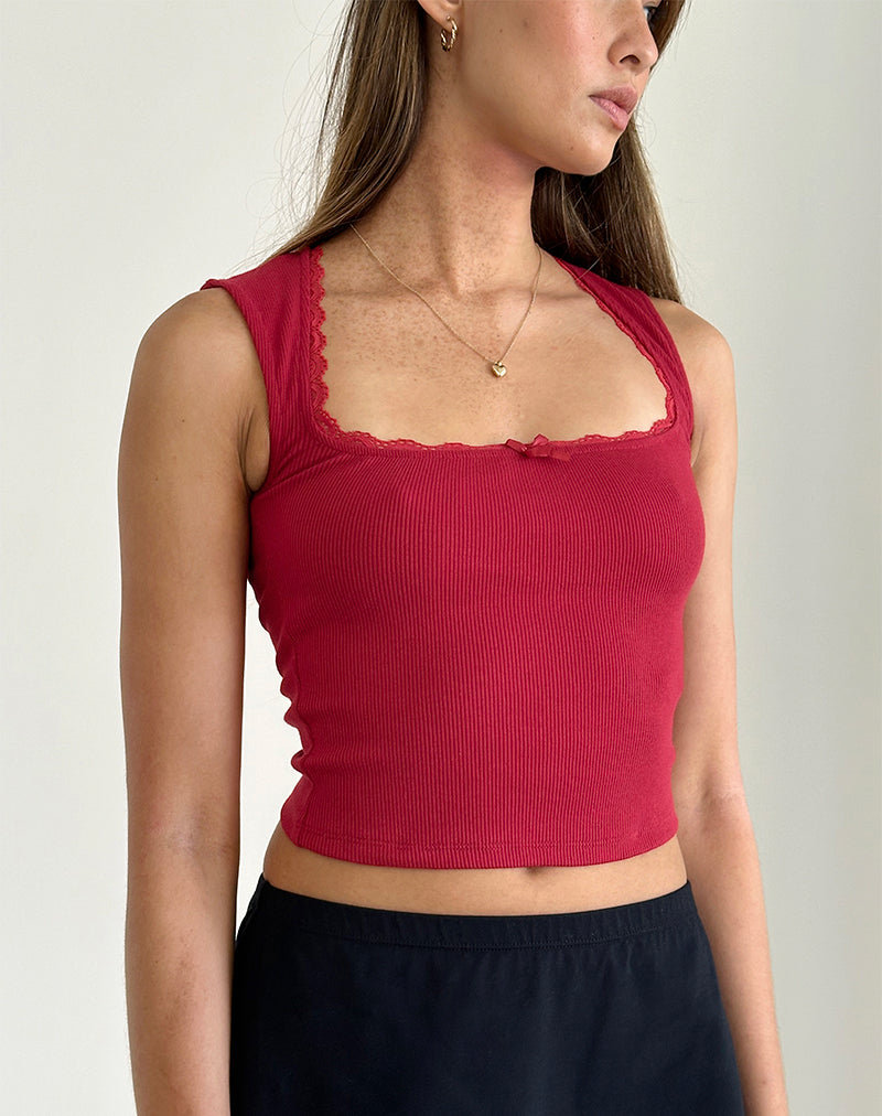 Jinila Top In Adrenaline Red With Lace Trim And Bow