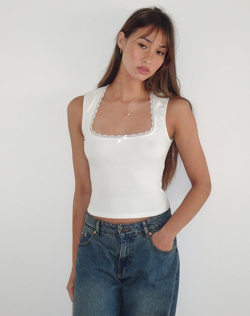 Image of Jinila Top in Off White with Bow and lace Trim