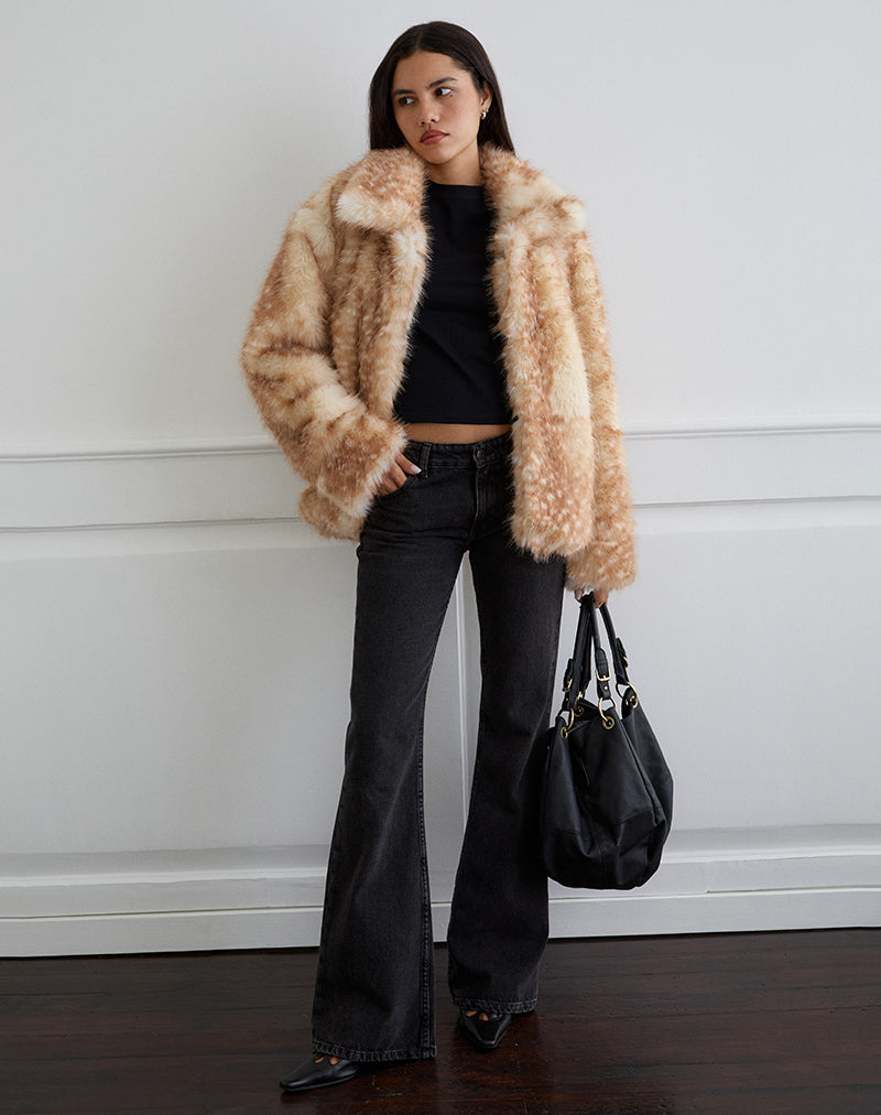 Beige Bambi Print Faux Fur Jacket | Joji – motelrocks.com
