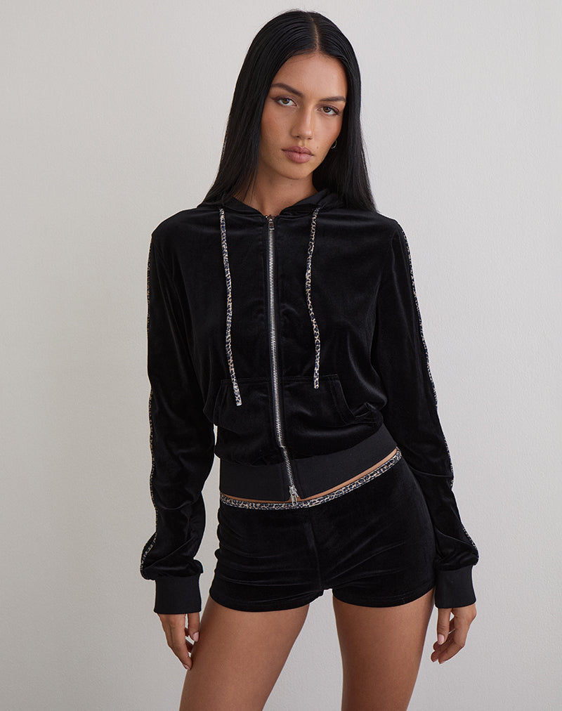 Black Velour with Leopard Print Piping Hoodie | Jona – motelrocks.com