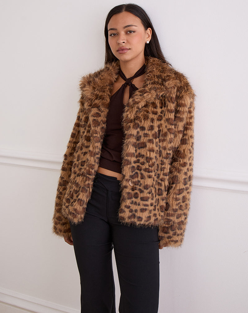 Leopard Brown Crop Faux Fur Jacket | Joji – motelrocks.com