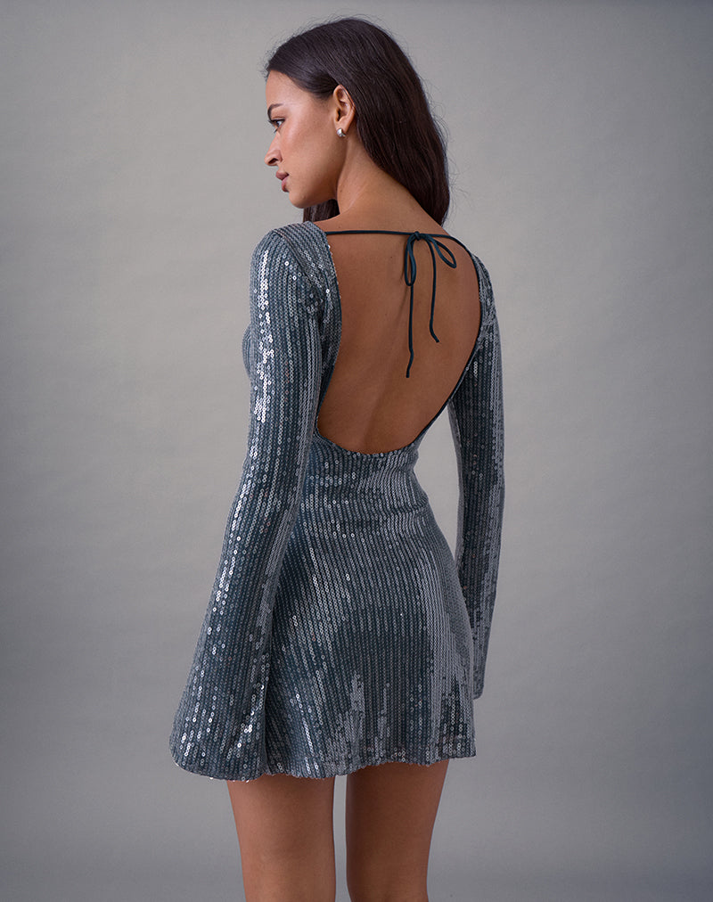Dark Blue Teal Sequin Long Sleeve Mini Dress