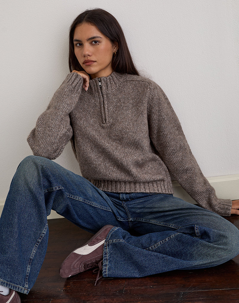 Dark Brown Marl Quater Zip Jumper | Lamara – motelrocks.com