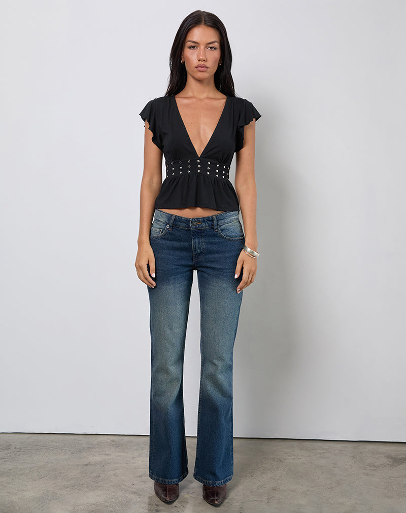 Black Jersey Frill Top with Studs | Leisma – motelrocks.com