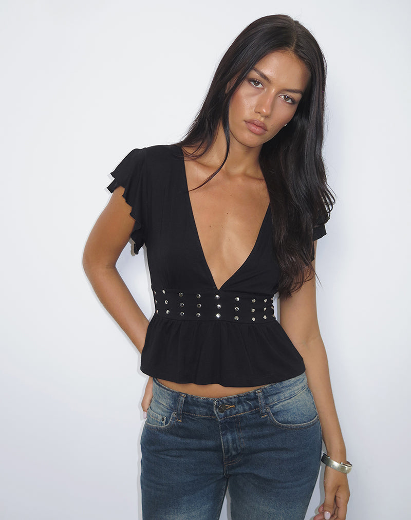 ▪️専用　BORDER FRILL TOP(38) 　BLACK Black Jersey Frill Top with Studs | Leisma – motelrocks.com