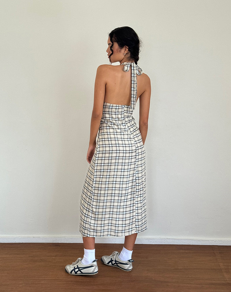 Pastel Blue Tartan Halterneck Midi Dress