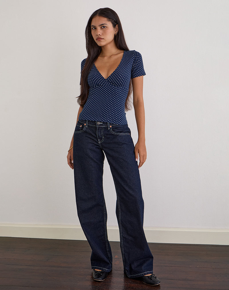 Navy Blue Micro Polka Dot V Neck Crossover Top | Lobos