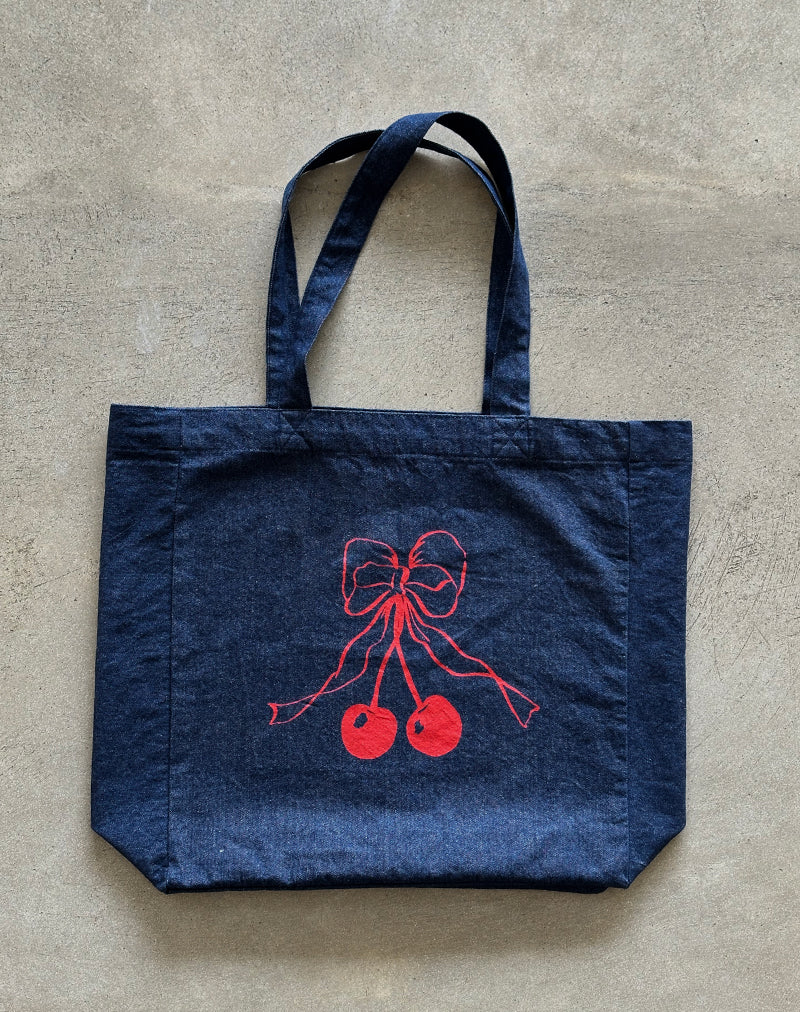 Image of London Tote Bag in Denim Indigo with Cherry Bow Print