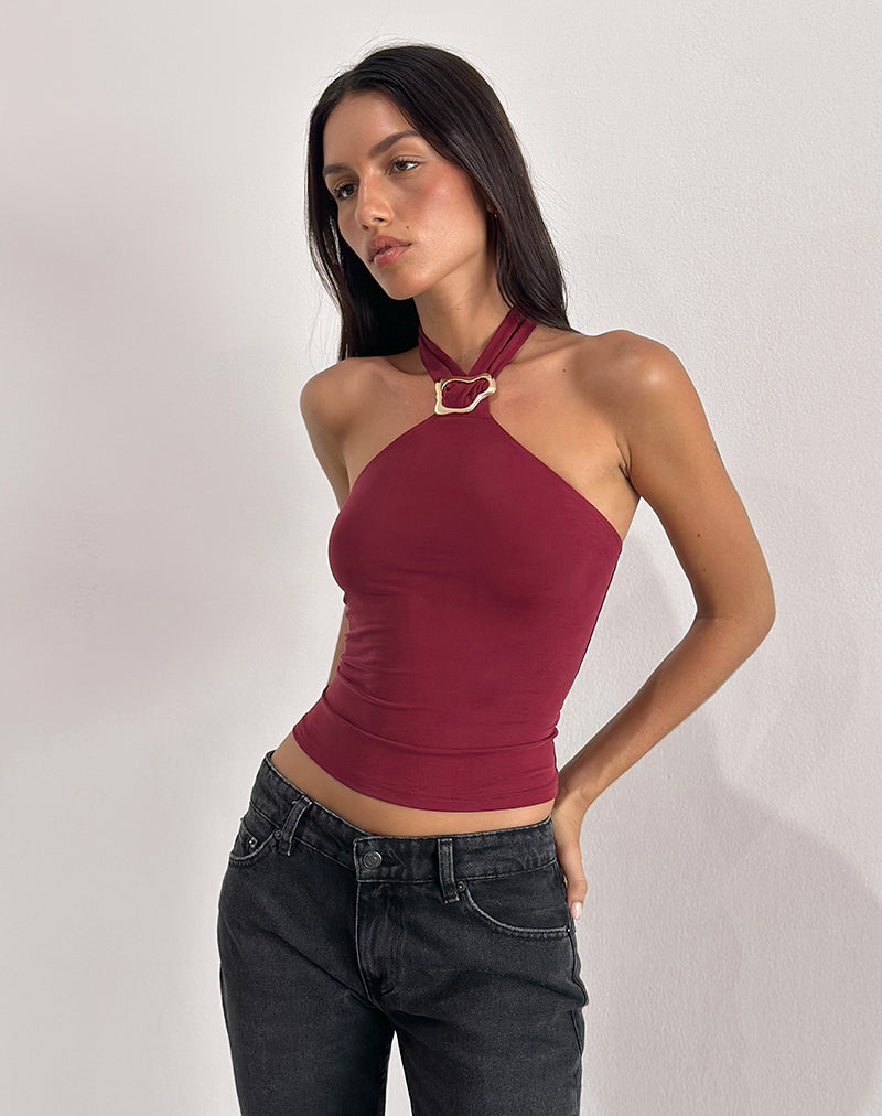 Dark Red Tie Halterneck Backless Top | Lorie – motelrocks.com
