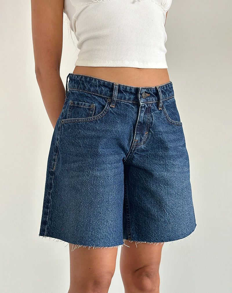 Motel Rocks Mid Length Denim Shorts Mid Blue Used Low Rise Denim
