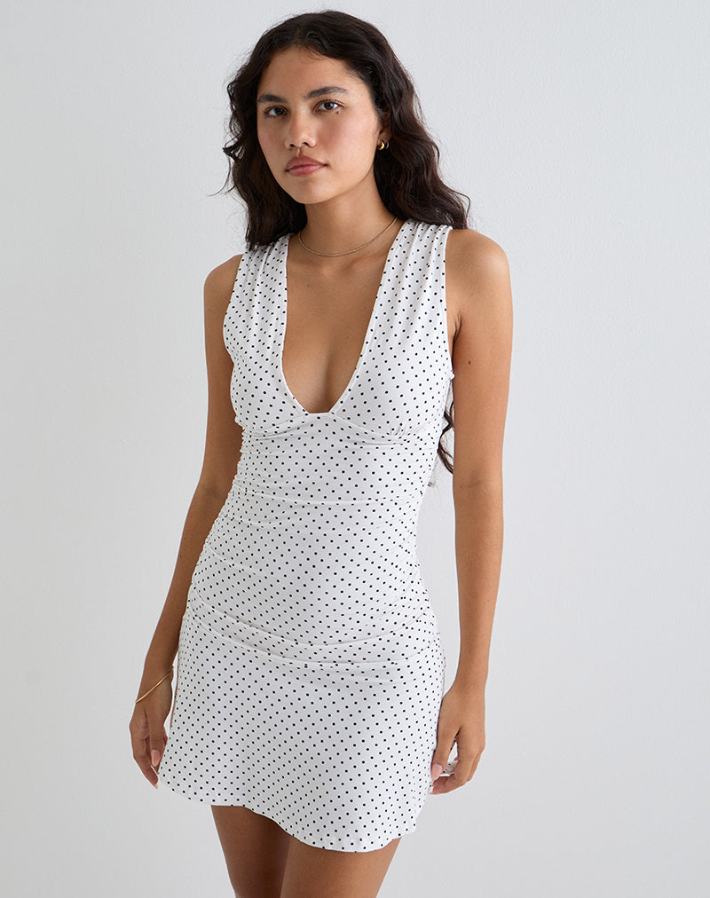 White with Black Micro Polka Print Plunge Mini Dress