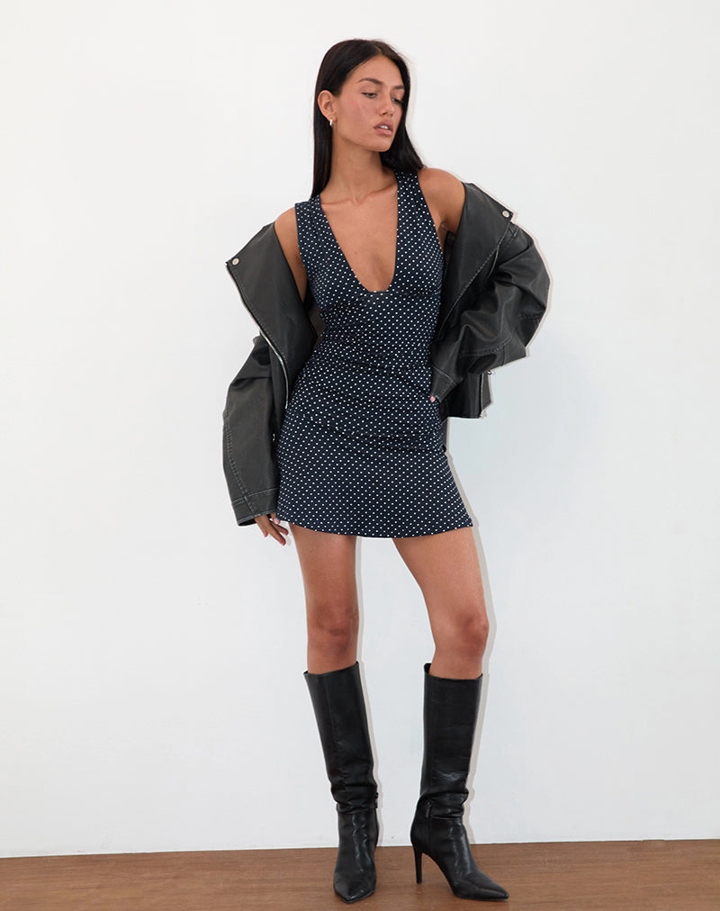 luscian plunge mini dress in micro polka navy Luscian Plunge Mini Dress in Micro Polka Navy