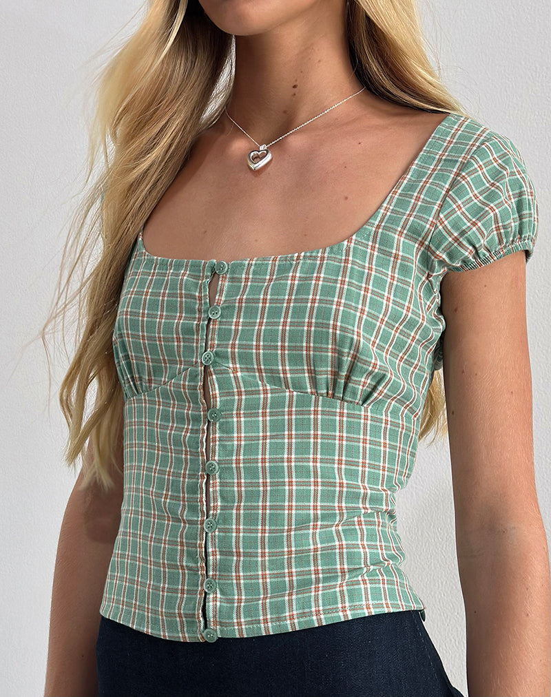 Teal Check Button Up Blouse Scoop Neckline | Malsa – motelrocks.com