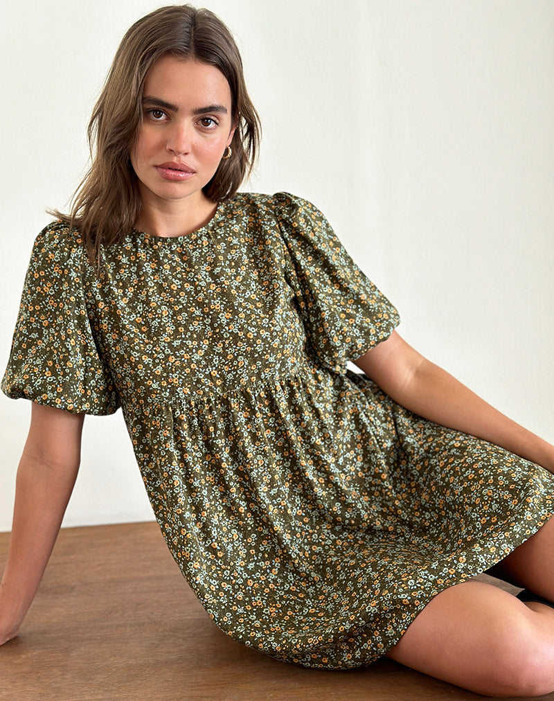 green grunge dress Marate Puff Sleeve Mini Dress in Grunge Floral Khaki