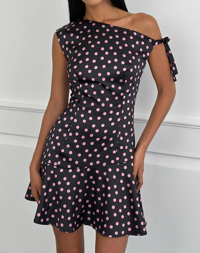 Black Satin Scattered with Pink Polka Mini Dress