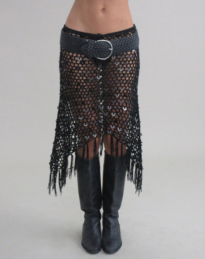 Black Crochet Knit Fringe Midi Skirt | Maritza – motelrocks.com