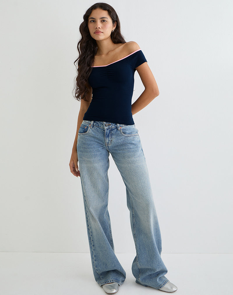 Navy with Pink Binding Off the Shoulder Top | Mayomi – motelrocks.com