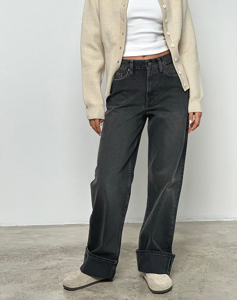 Black Grey Washed Turnup Straight Leg Jeans Midrise –