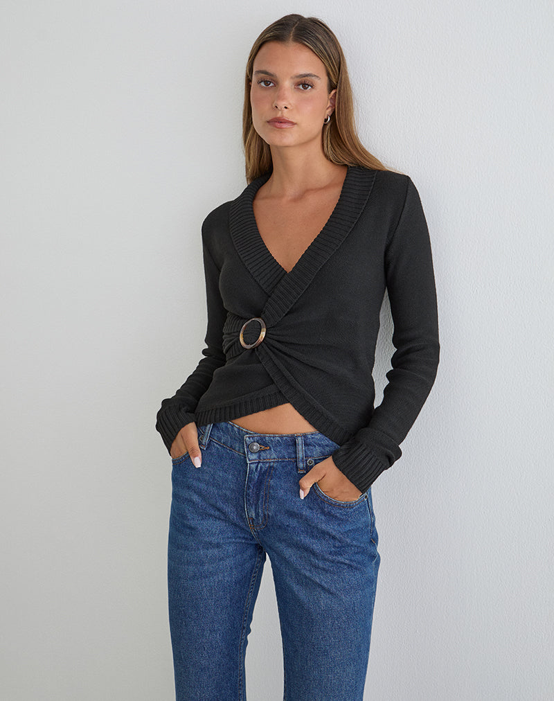 werthy 野沢和香 NEW V-NECK RIB TOP(cupin) Black Knit Long Sleeve V Neck Wrap Top | Minara – motelrocks.com