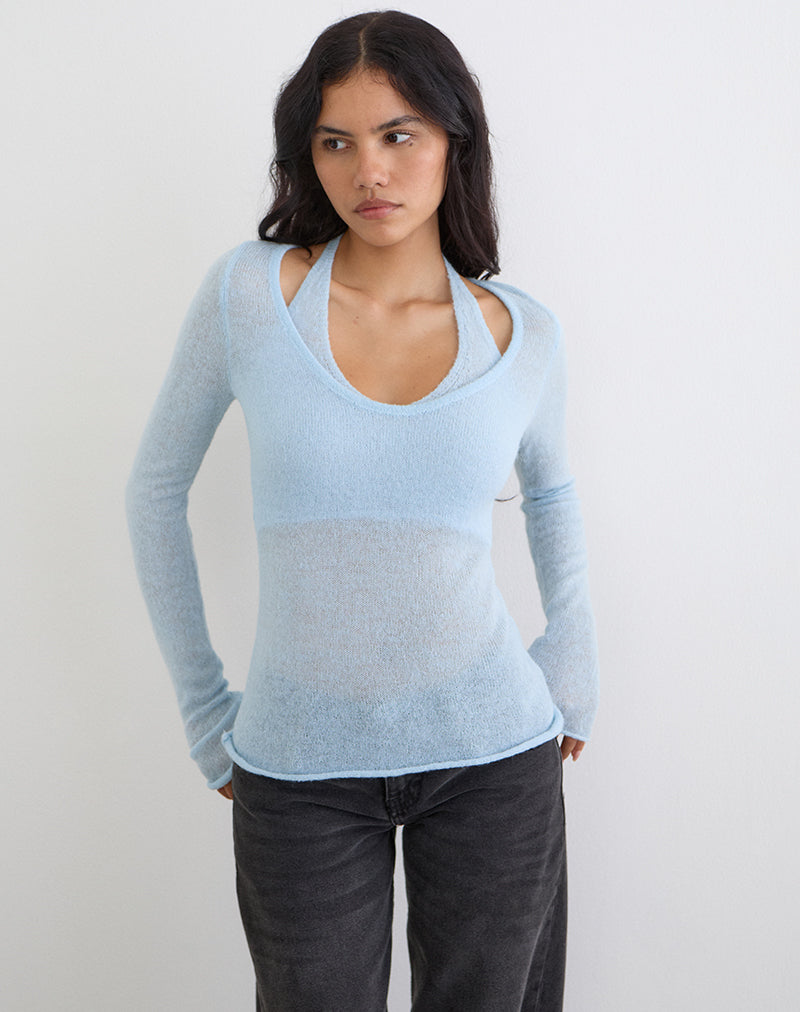 Blue Sheer Knit Long Sleeve Top | Misora – motelrocks.com