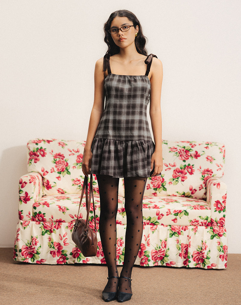 Grey Check Square Neck Mini Dress