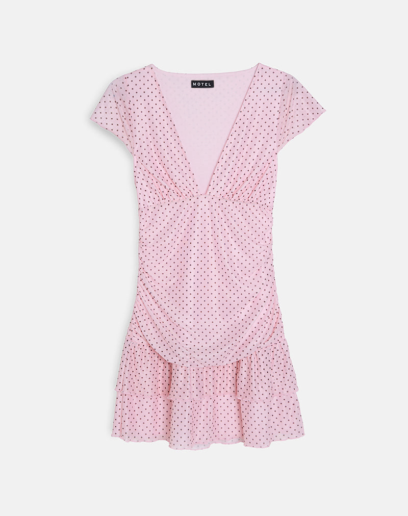 Baby Pink with Black Micro Polka Dot Cap Sleeve Mini Dress