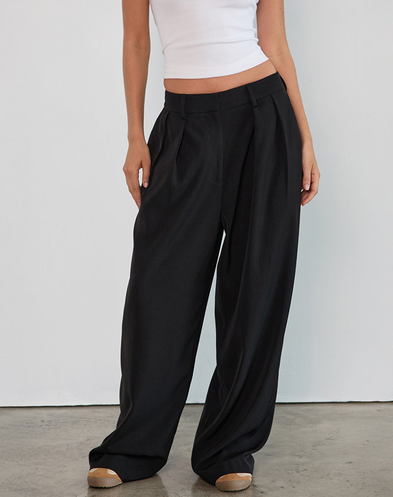 Black Low Rise Tailored Trousers with Pleats | Nala – motelrocks.com
