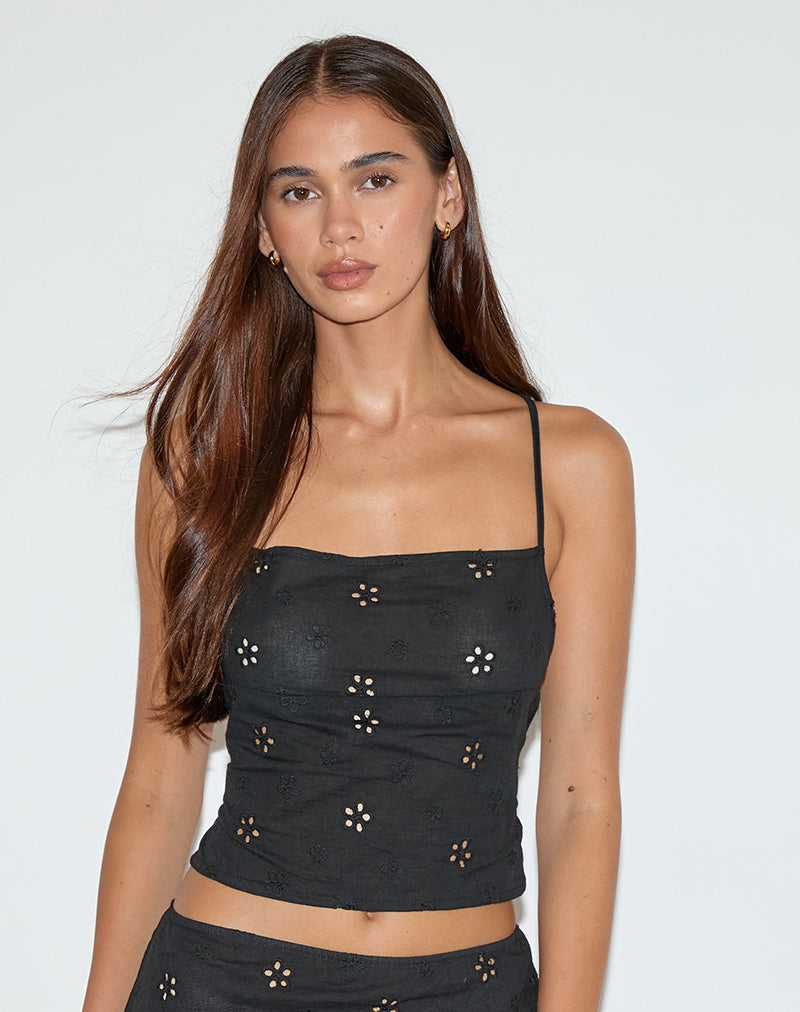 Black Flower Broderie Cami Top | Nobita – motelrocks.com