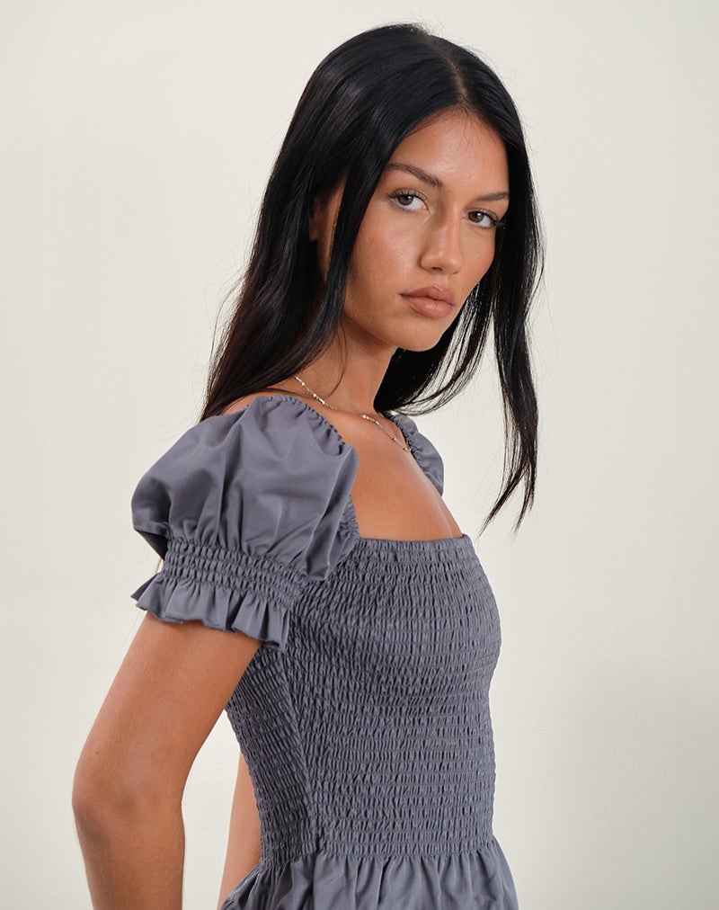 Grey Puff Sleeve Shirred Top | Notina – motelrocks.com