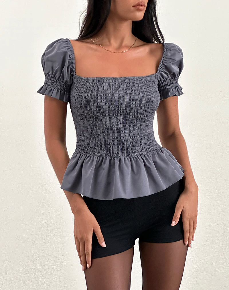 トップス Shirring Mini Puff Sleeve Tops Grey Puff Sleeve Shirred Top | Notina – motelrocks.com