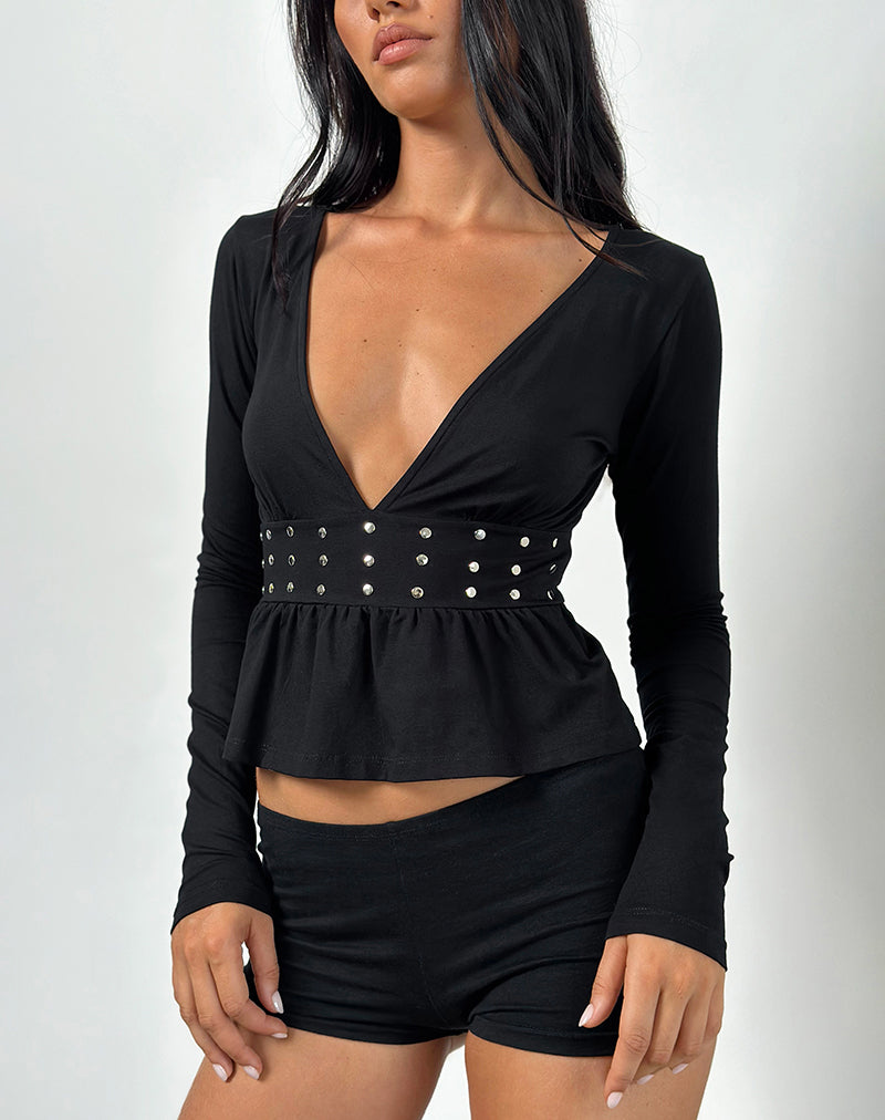 Black Jersey Studded Long Sleeve Top | Ophay – motelrocks.com