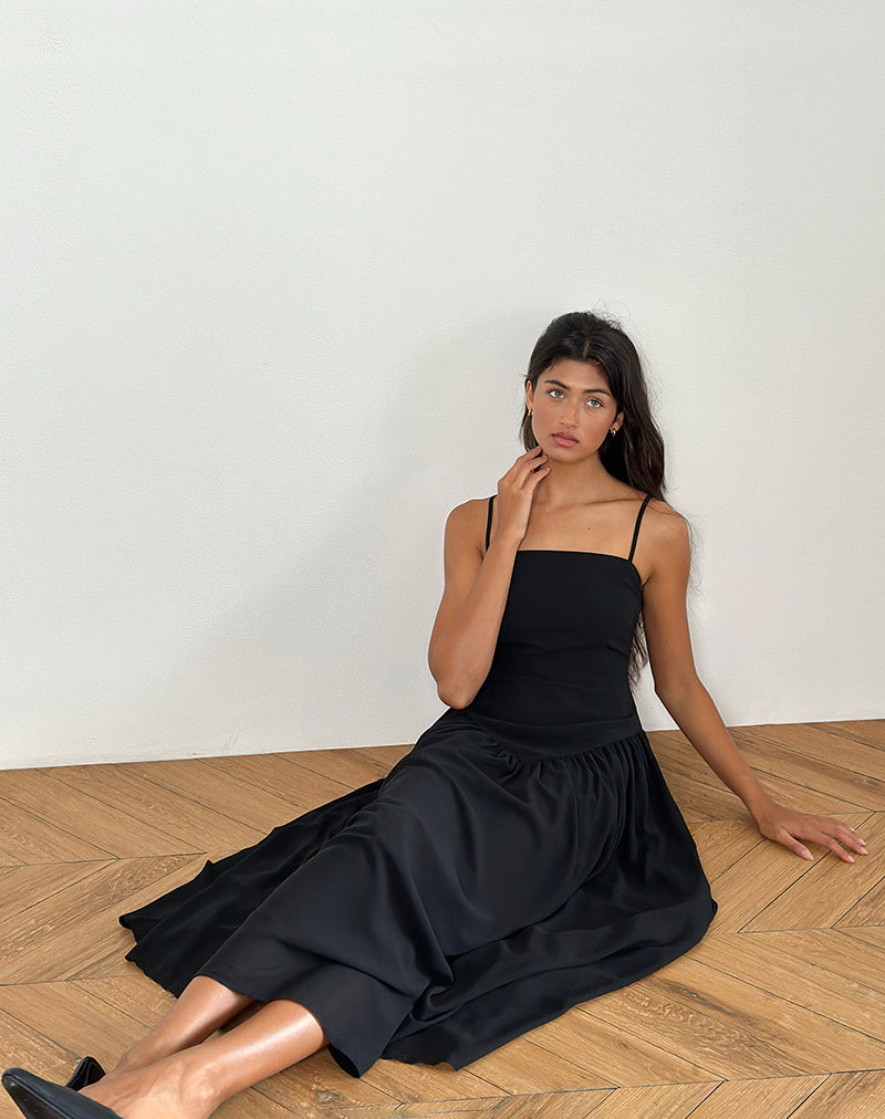 Paduri Drop Waist Midi Dress in Chiffon Black Paduri Drop Waist Midi Dress in Chiffon Black