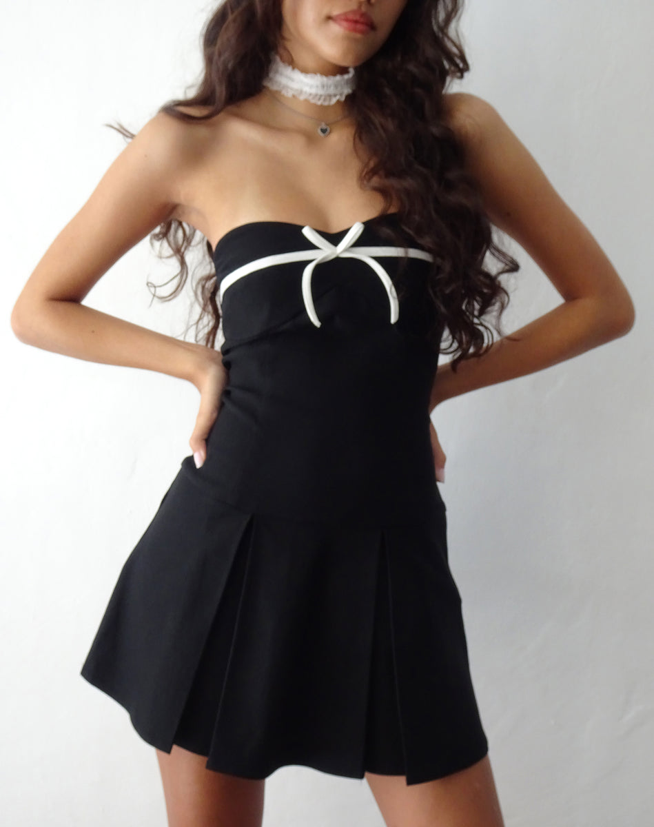 strapless open back dress Black Mini Dress with Bow Detail