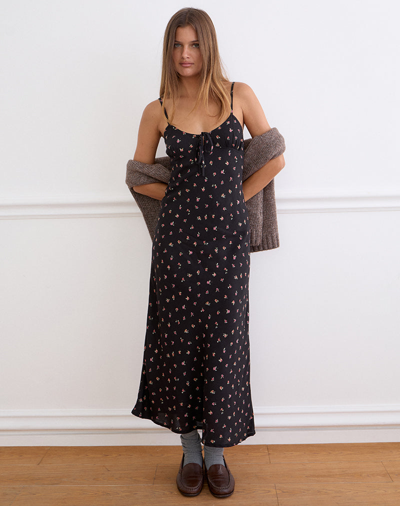 Black with Red Rose Ditsy Print Maxi Dress