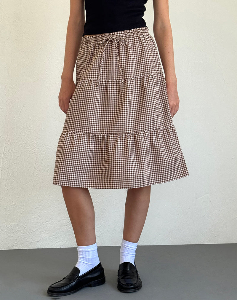 Reef Midi Skirt in Mini Gingham Brown