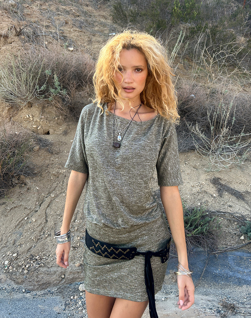 motel rocks off the shoulder dress Khaki Glitter Knit One-Shoulder Mini Dress