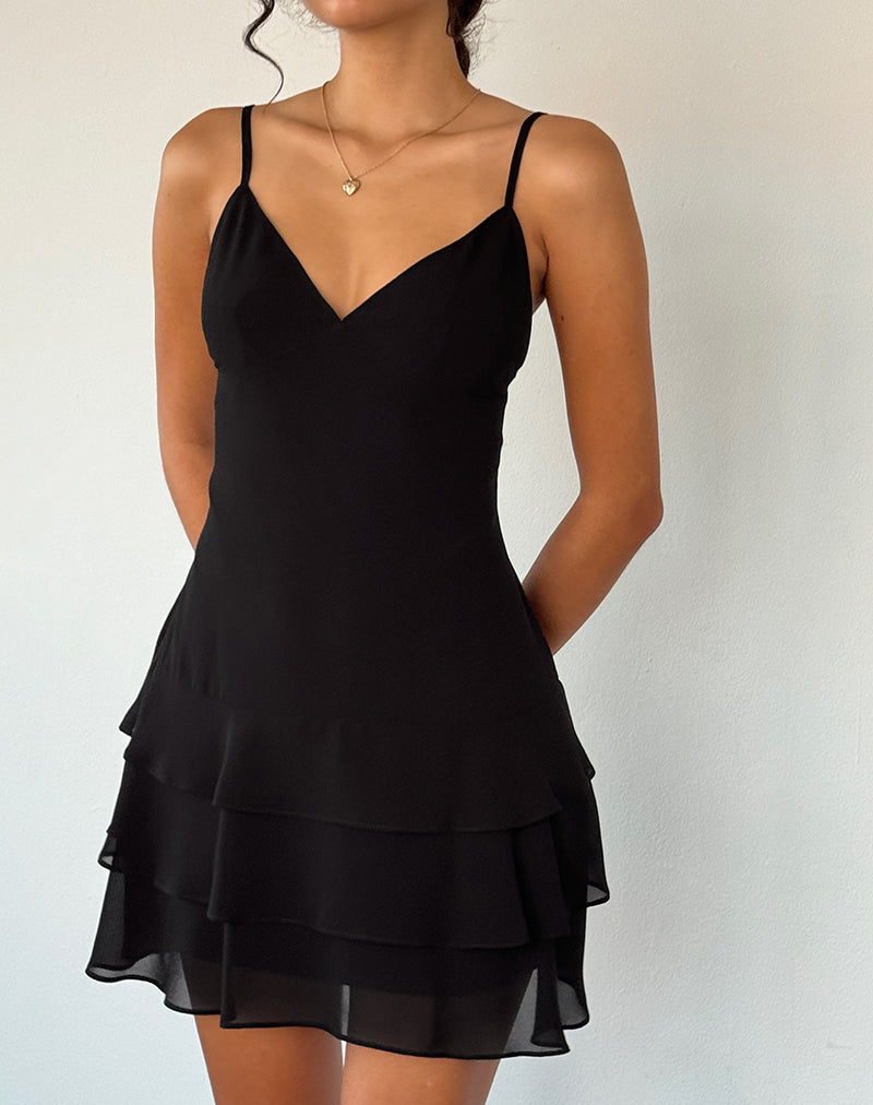 Riasi Ruffle Mini Dress in Chiffon Black Riasi Ruffle Mini Dress in Chiffon Black