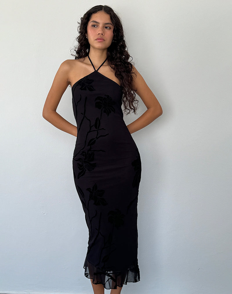 Black Orchids Flock Halterneck Midi Dress