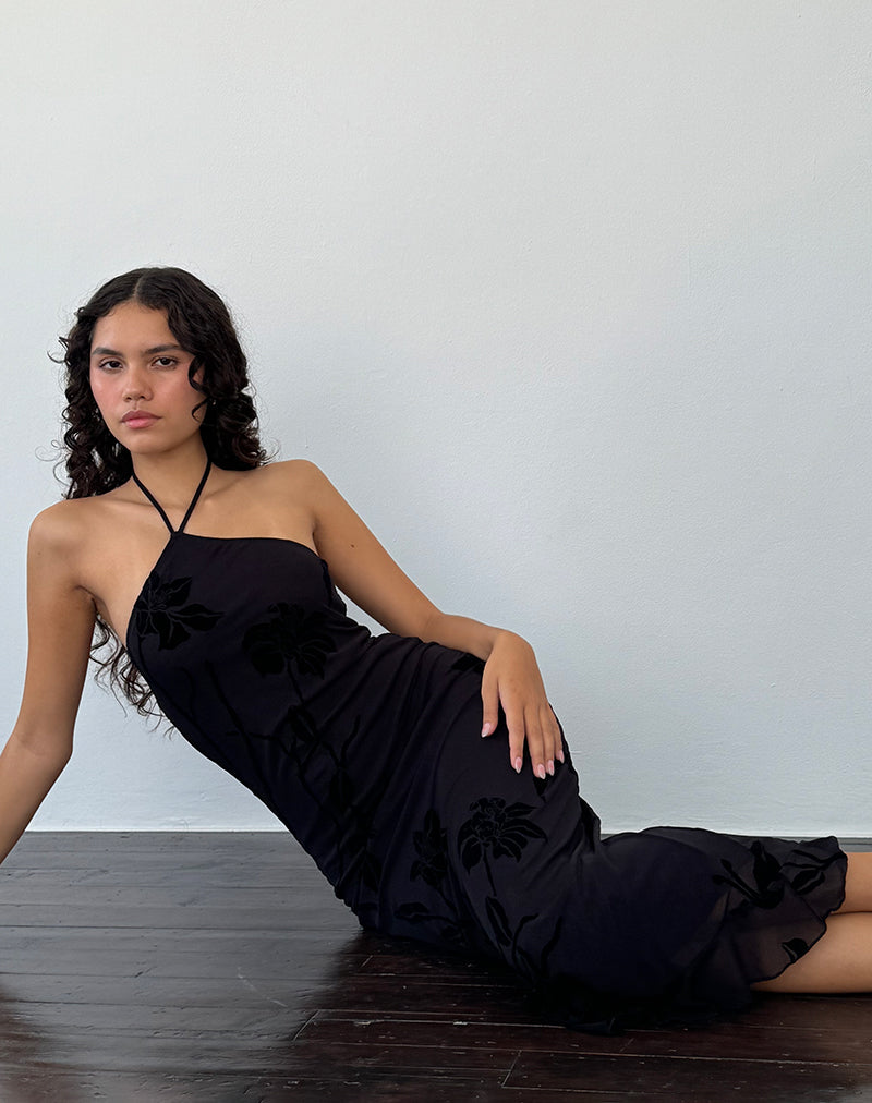 Black Orchids Flock Halterneck Midi Dress | Ribka – motelrocks.com