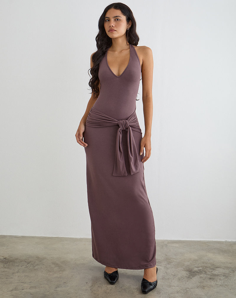 Deep Taupe Brown Halterneck Tie Maxi Dress