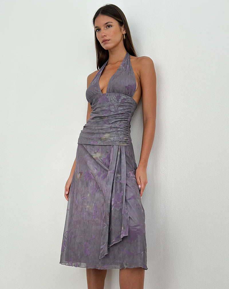 Purple Flare Flower Halterneck Midi Dress