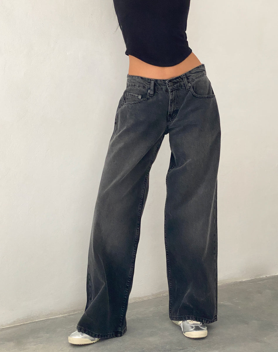 Washed Black Grey Extra Wide Low Rise Jeans Roomy