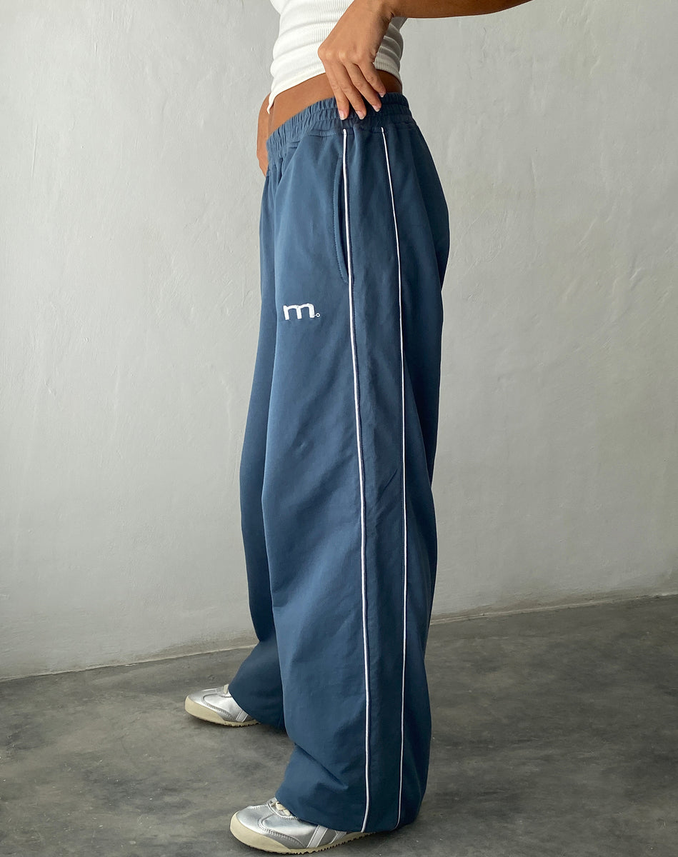 Benton Wide Leg Jogger in Blue with &#39;M&#39; Embroidery