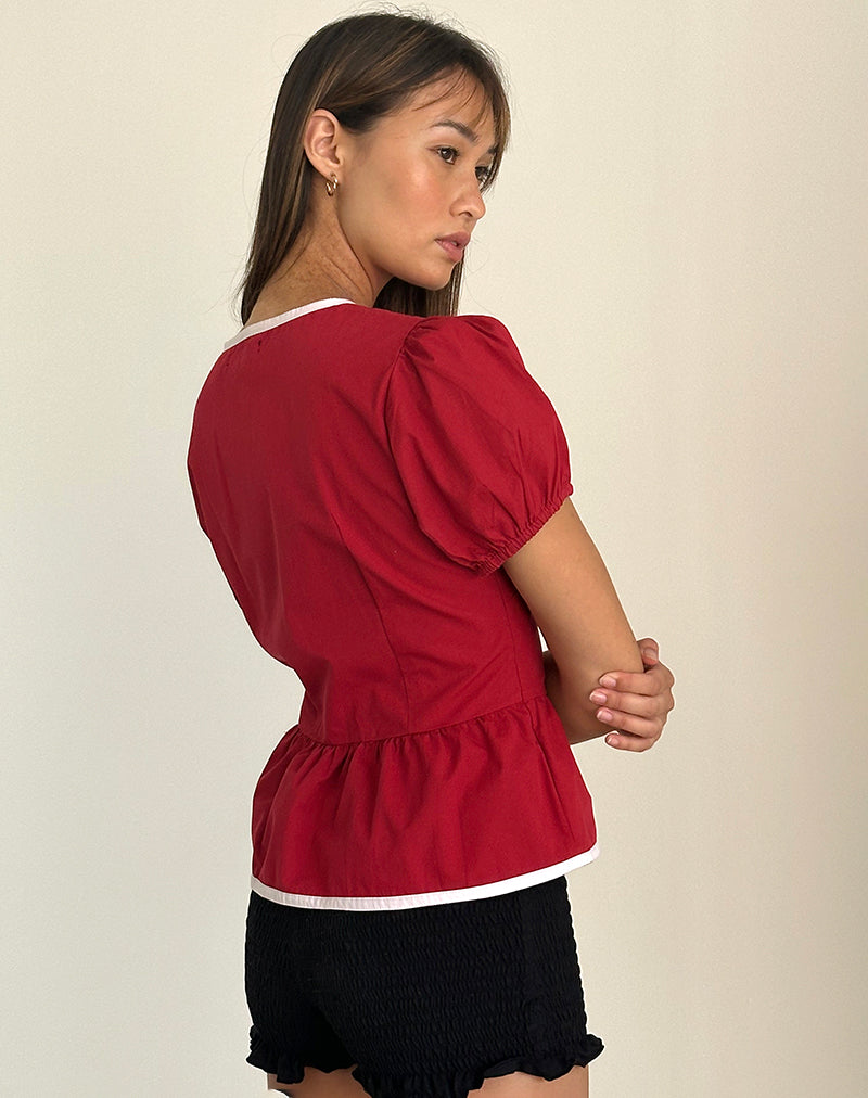 image of Ryota Tie Front Blouse in Adrenaline Red with Pink Binding