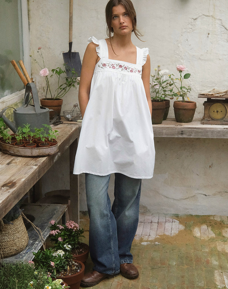 White Poplin with Cherry Blossom Embroidery Mini Dress | Sanaly