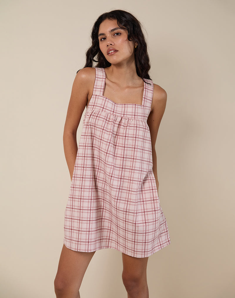 strapless open back dress Pink Tartan Print Mini Dress