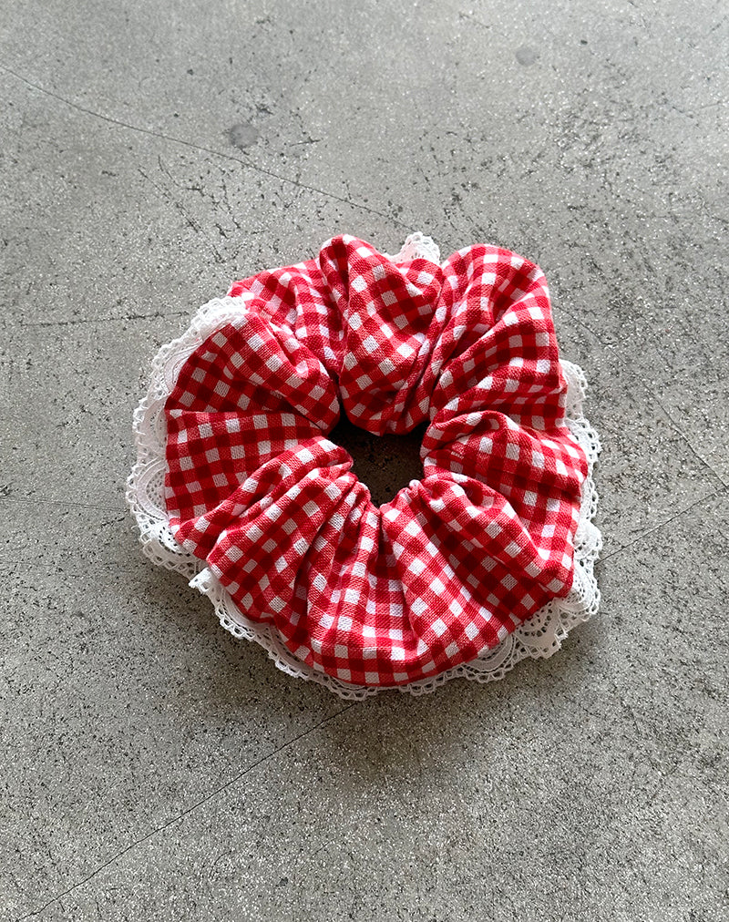 Image of Scrunchie in Red Gingham with Lace