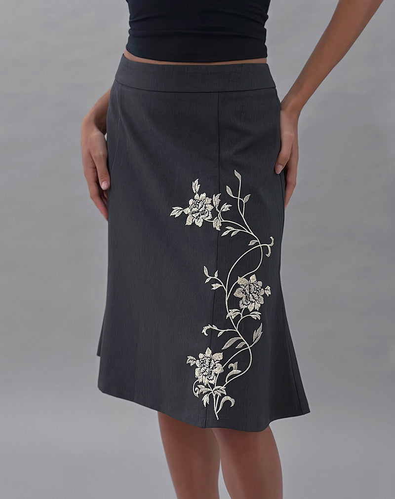 Charcoal Grey Vine Flower Embroidered Midi Skirt | Sepzhi